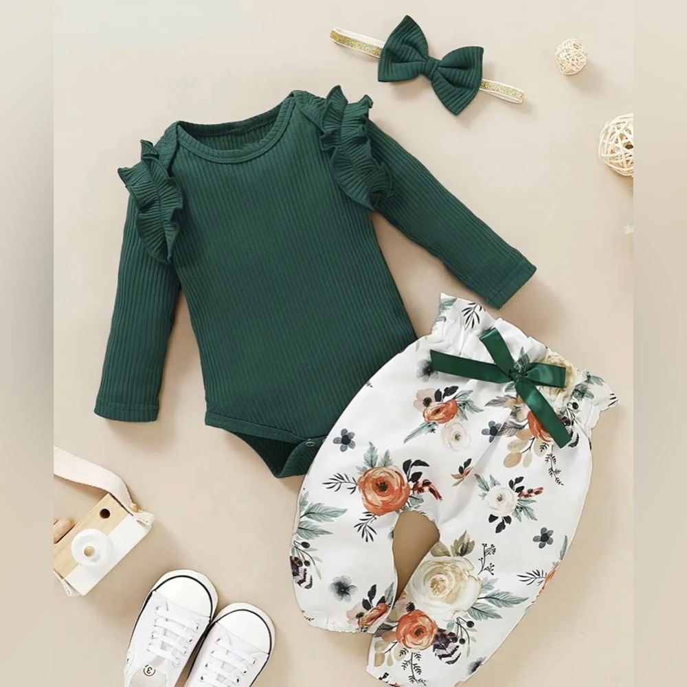 Baby Girls Bodysuit & Floral Print Pants & Headband 3pc (12-18 Months)